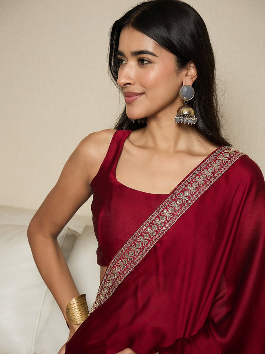 Ready To Wear Maroon Satin Saree - Ressa