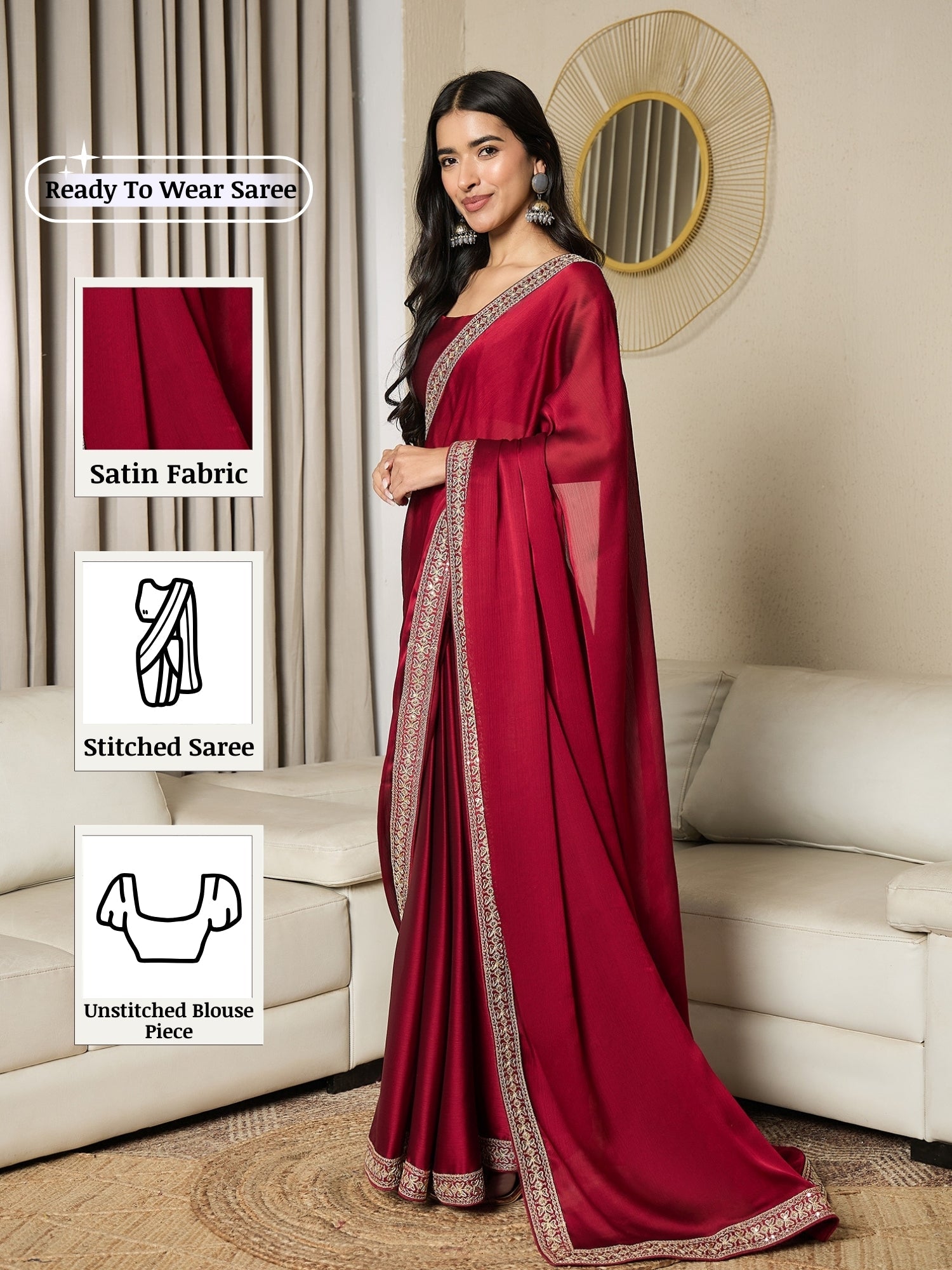 Ready To Wear Maroon Satin Saree - Ressa