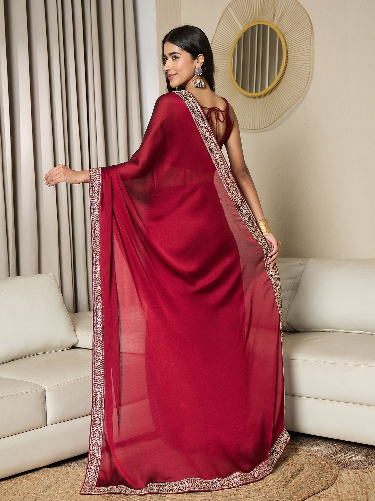 Ready To Wear Maroon Satin Saree - Ressa