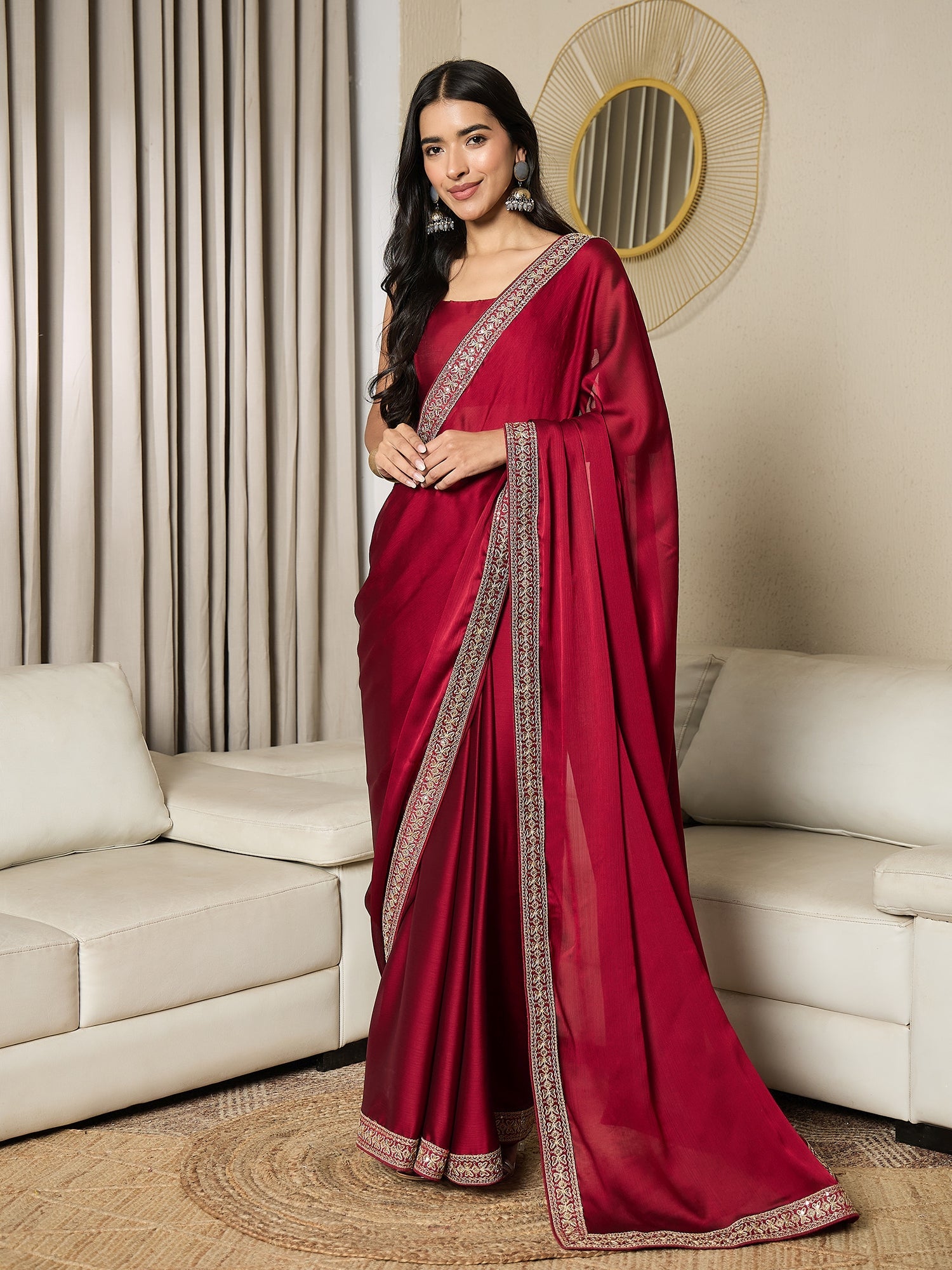 Ready To Wear Maroon Satin Saree - Ressa