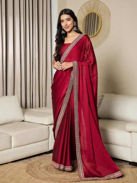 Ready To Wear Maroon Satin Saree - Ressa