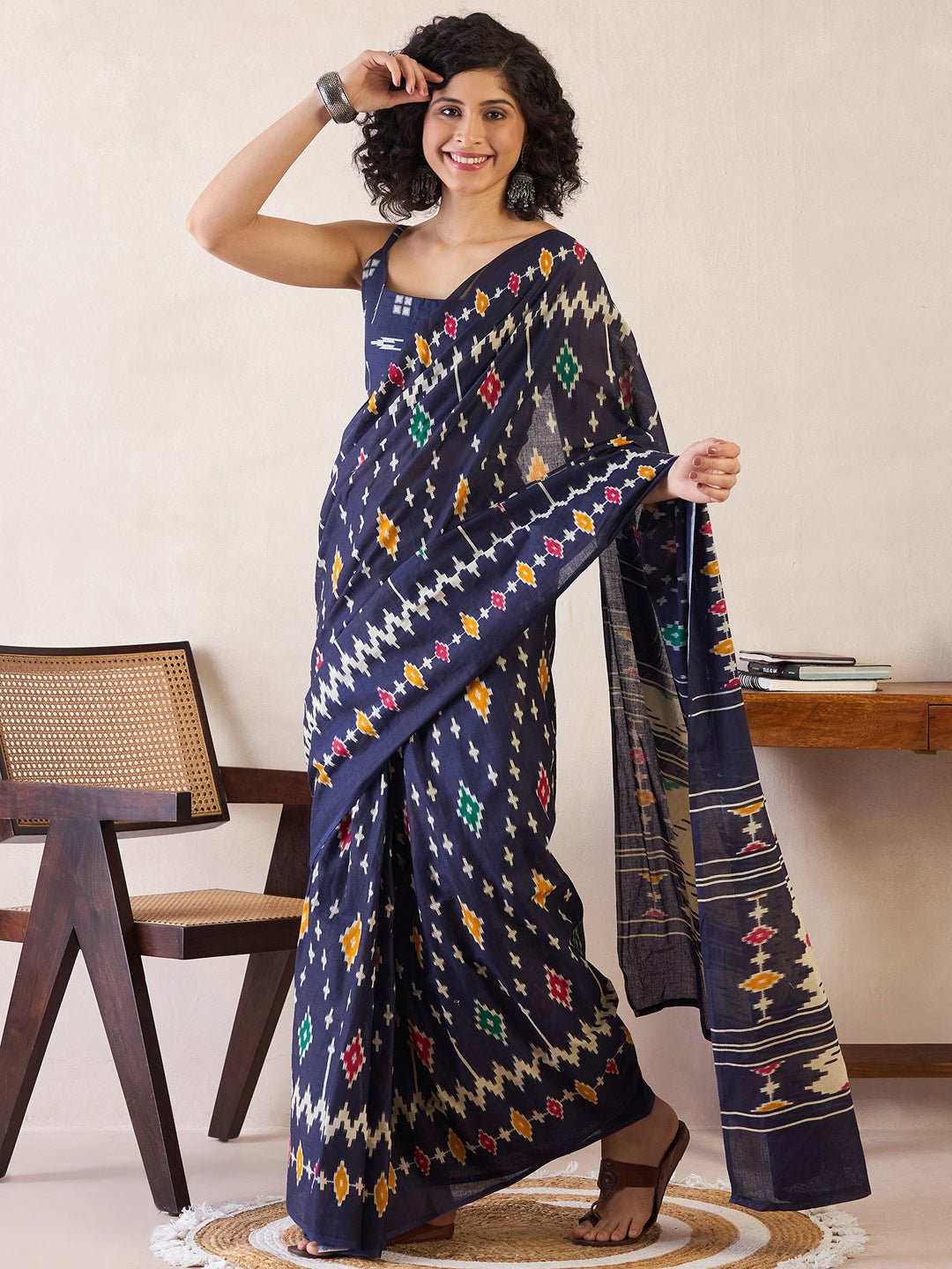 Ready to Wear Navy Blue Cotton Saree - Ressa