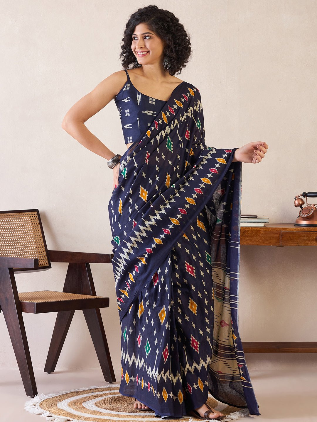 Ready to Wear Navy Blue Cotton Saree - Ressa