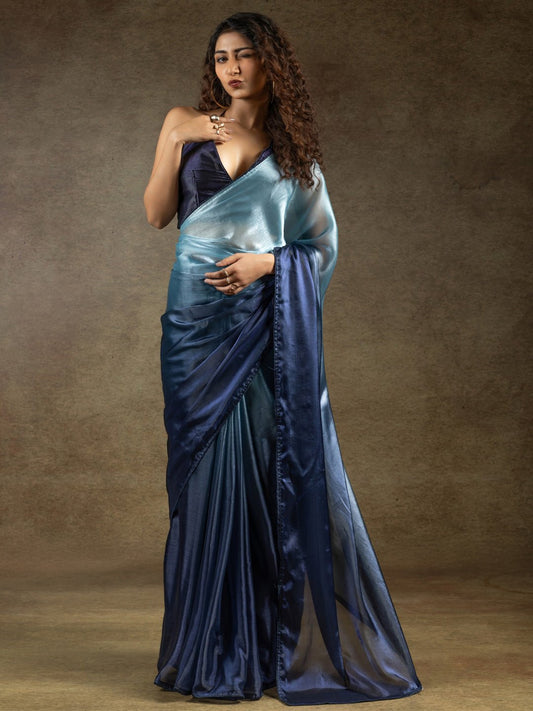 Ready to Wear Navy Blue Satin Silk Ombre saree - Ressa