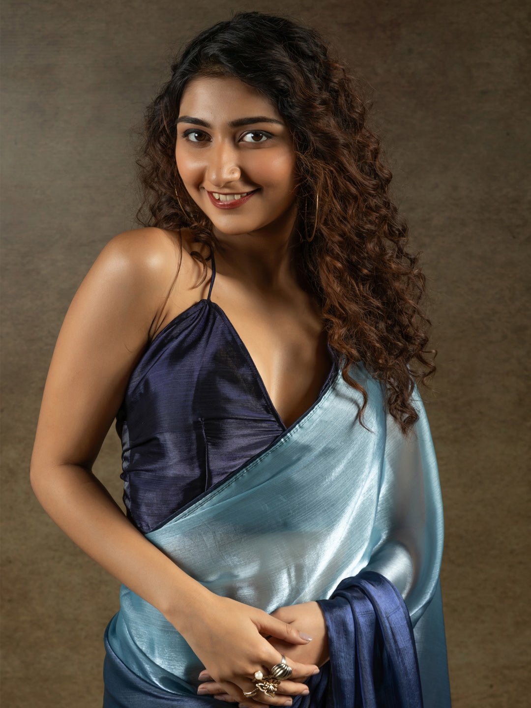 Ready to Wear Navy Blue Satin Silk Ombre saree - Ressa