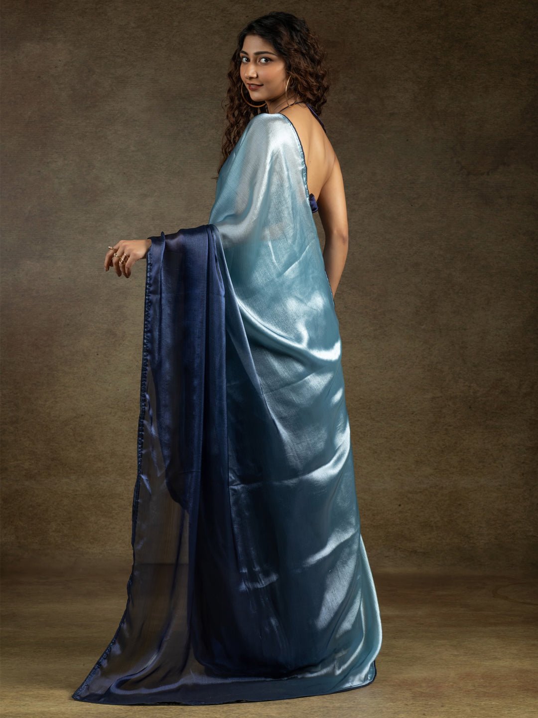 Ready to Wear Navy Blue Satin Silk Ombre saree - Ressa