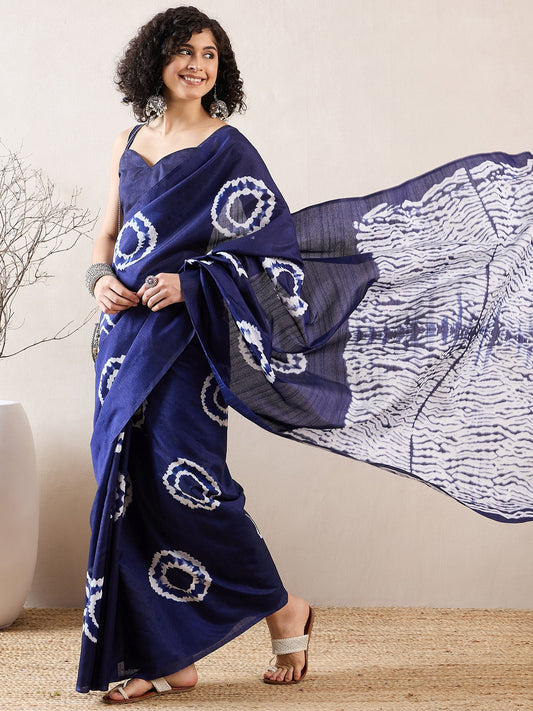 Ready to Wear Navy Blue Shibori Tie-Dye Cotton Saree - Ressa