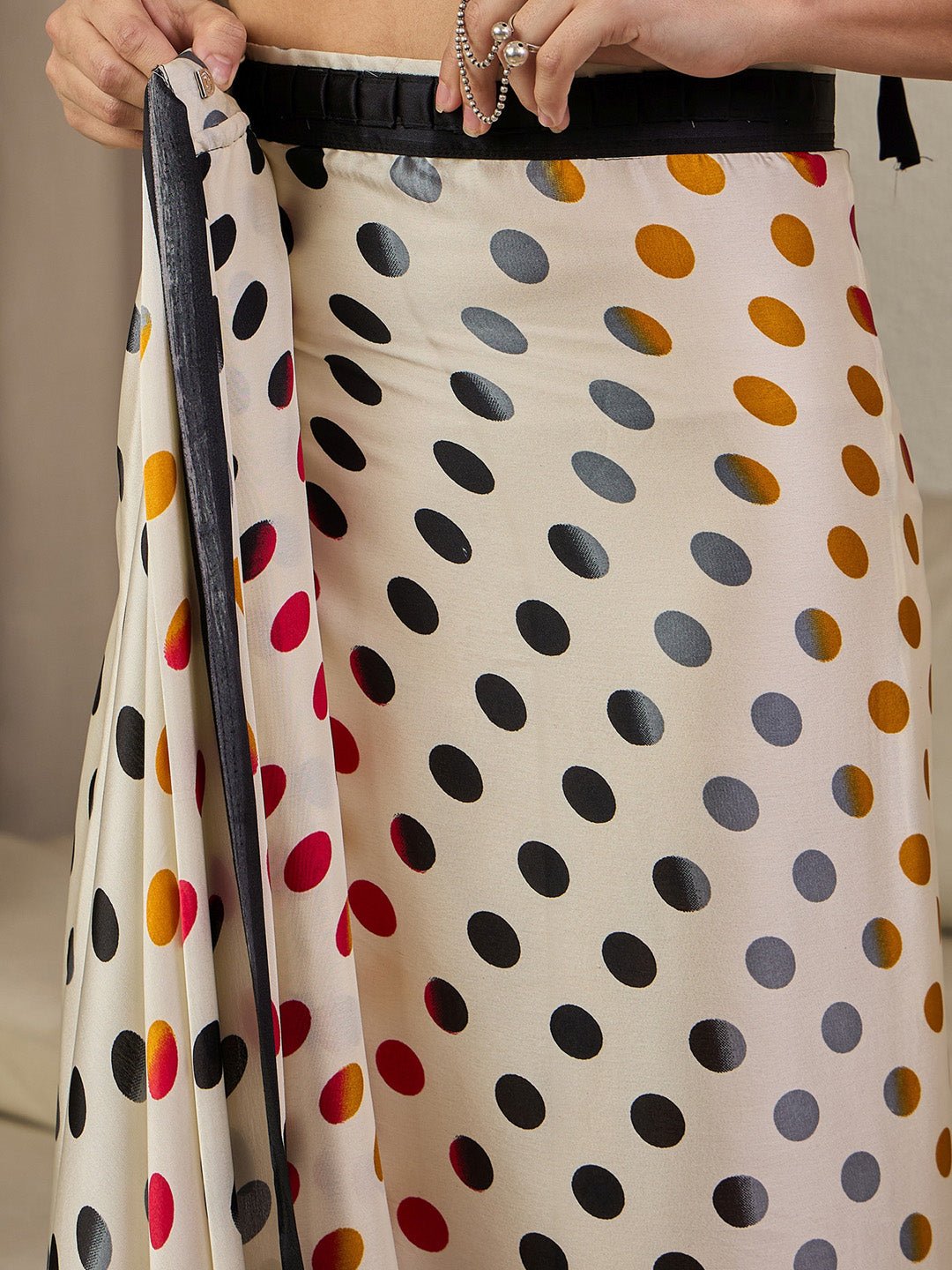 Ready to wear Off White Polka Dot Printed Saree - Ressa