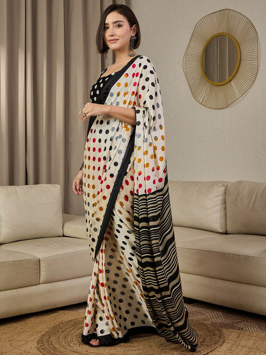 Ready to wear Off White Polka Dot Printed Saree - Ressa