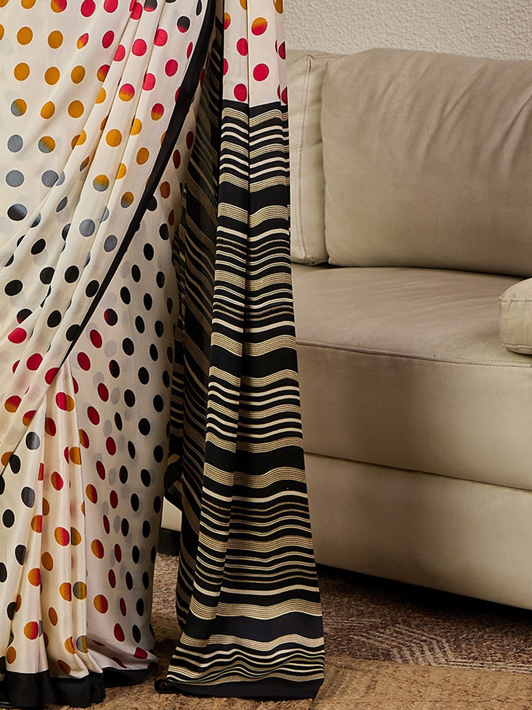 Ready to wear Off White Polka Dot Printed Saree - Ressa