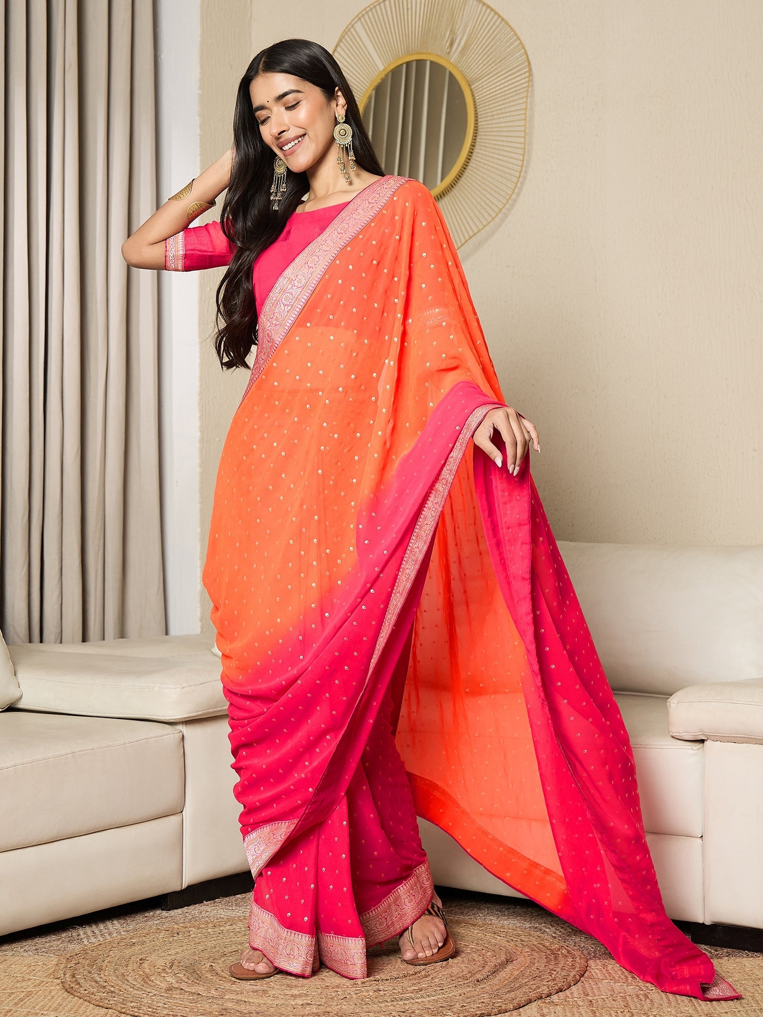Ready to Wear Orange Pink Silk Blend Saree - Ressa