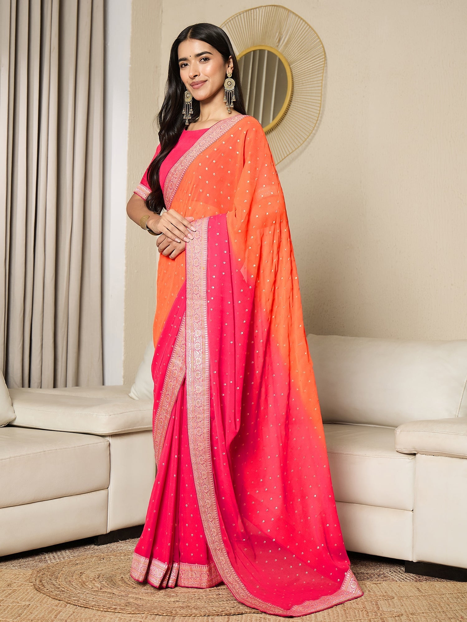 Ready to Wear Orange Pink Silk Blend Saree - Ressa