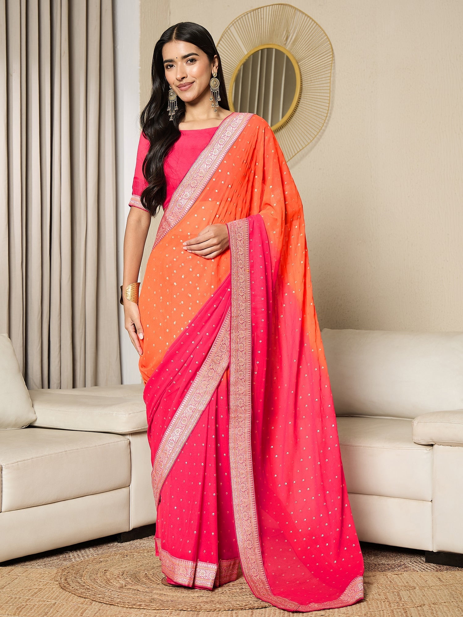 Ready to Wear Orange Pink Silk Blend Saree - Ressa