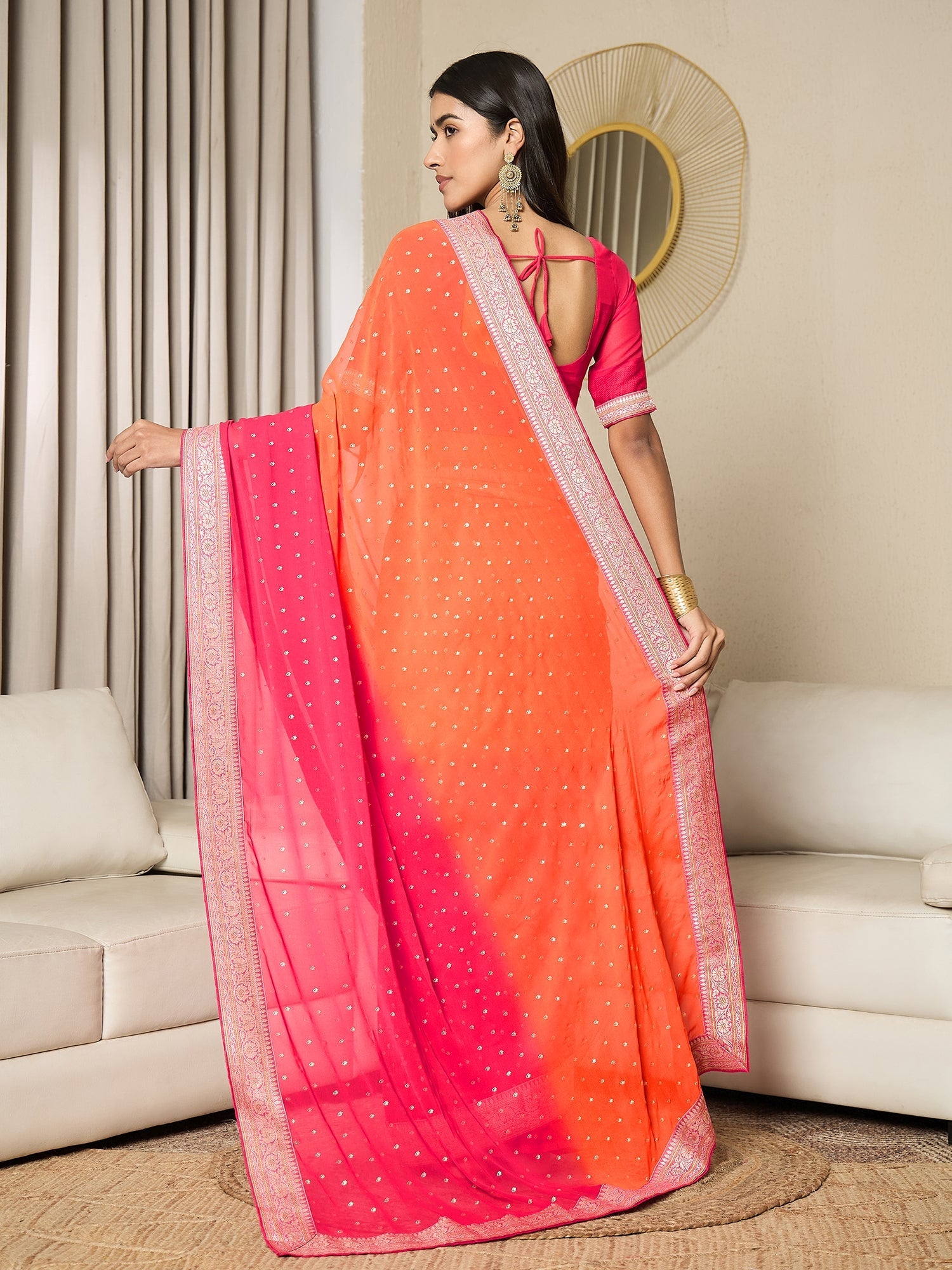 Ready to Wear Orange Pink Silk Blend Saree - Ressa