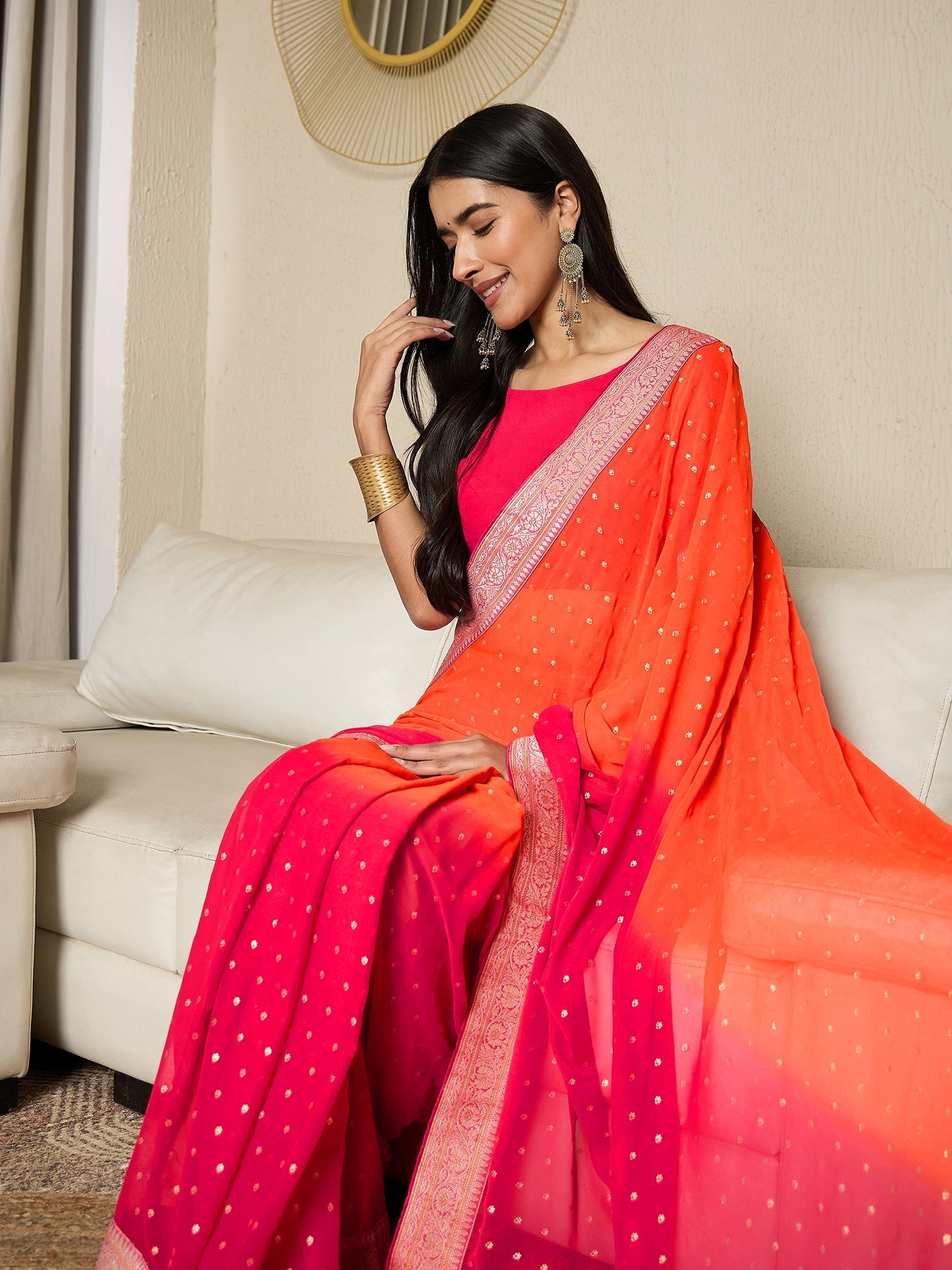 Ready to Wear Orange Pink Silk Blend Saree - Ressa