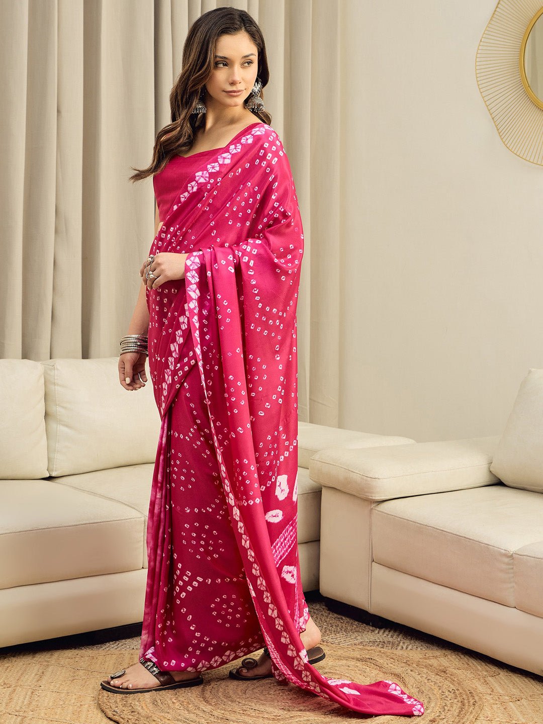Ready to Wear Pink Bandhani Print Crepe Saree - Ressa