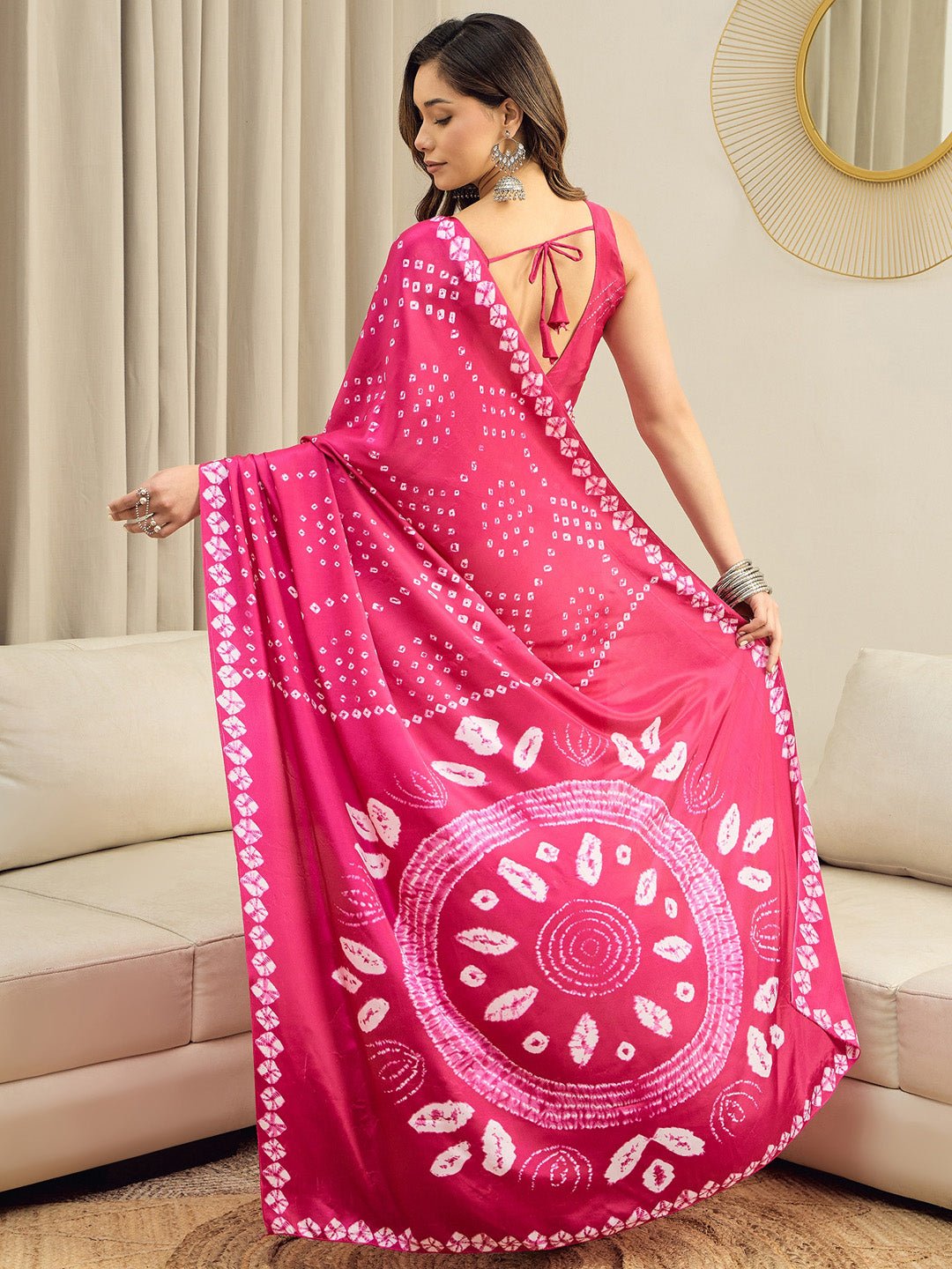 Ready to Wear Pink Bandhani Print Crepe Saree - Ressa