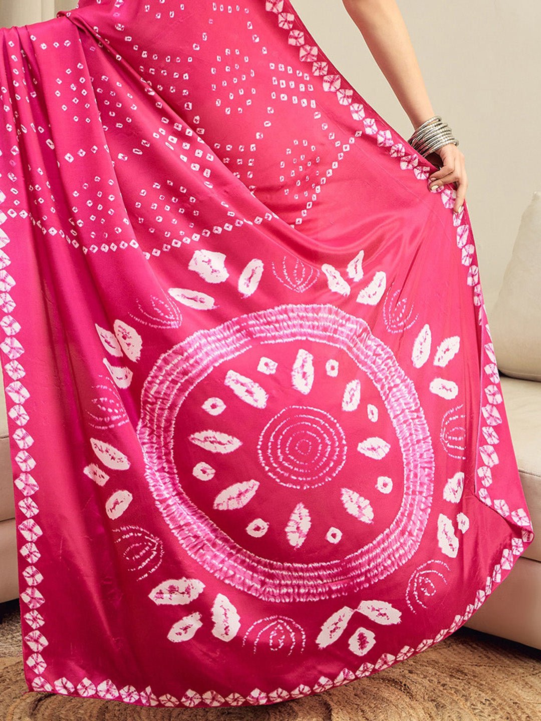 Ready to Wear Pink Bandhani Print Crepe Saree - Ressa