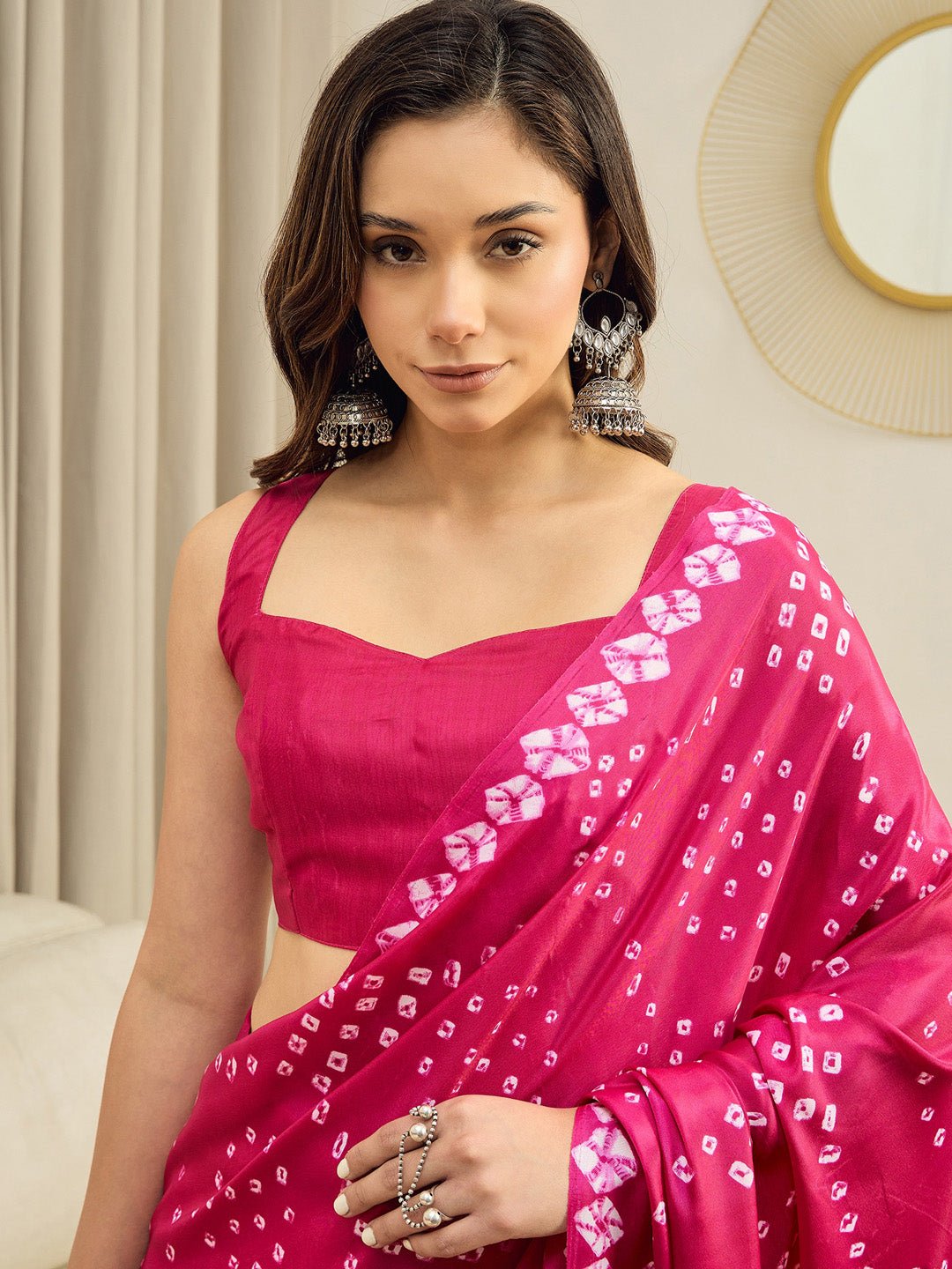 Ready to Wear Pink Bandhani Print Crepe Saree - Ressa