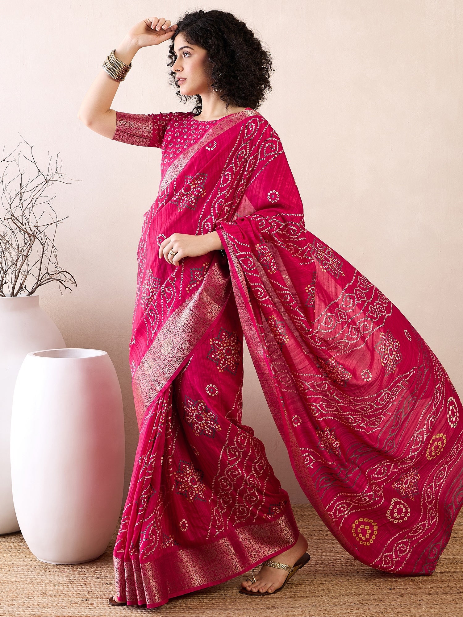 Ready to wear Pink Bandhani Printed Saree - Ressa