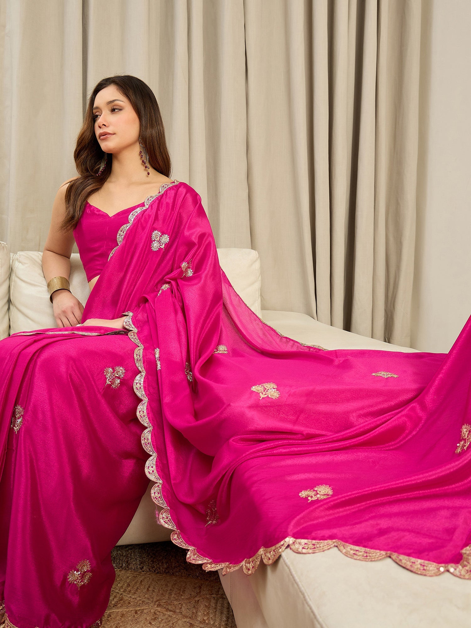 Ready to Wear Pink Embroidered Chinon Saree - Ressa