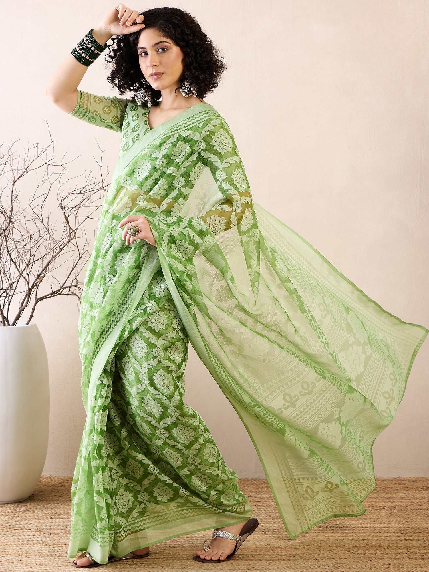 Ready to Wear Pistachio Green Jamdani Brasso Saree - Ressa
