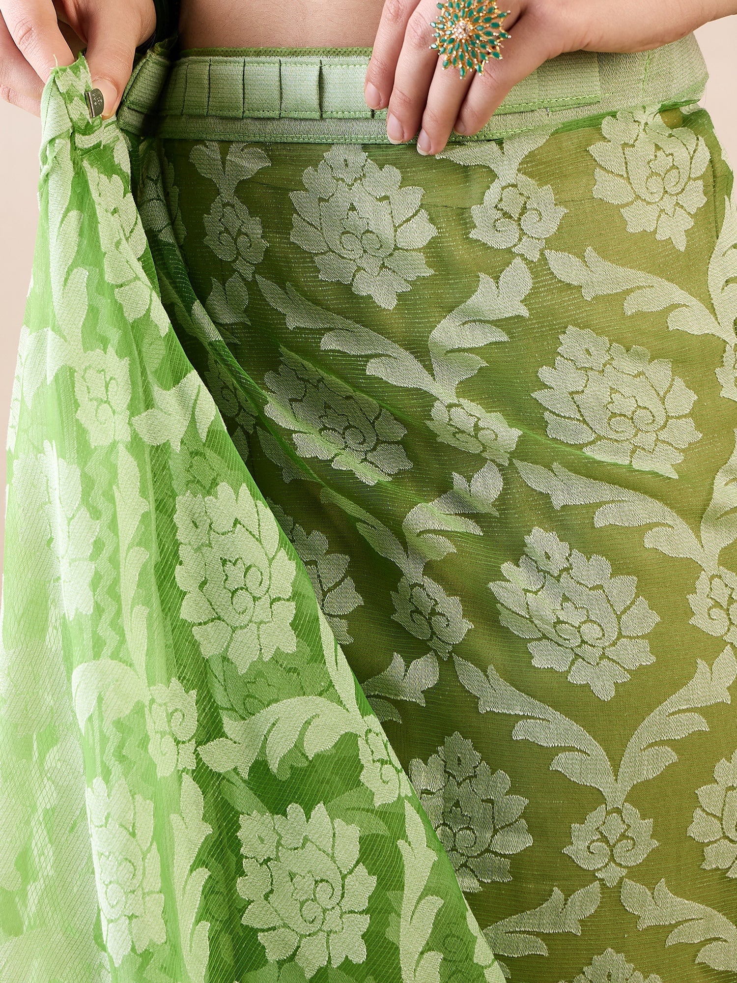 Ready to Wear Pistachio Green Jamdani Brasso Saree - Ressa