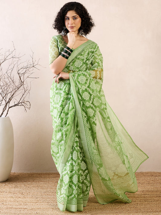 Ready to Wear Pistachio Green Jamdani Brasso Saree - Ressa