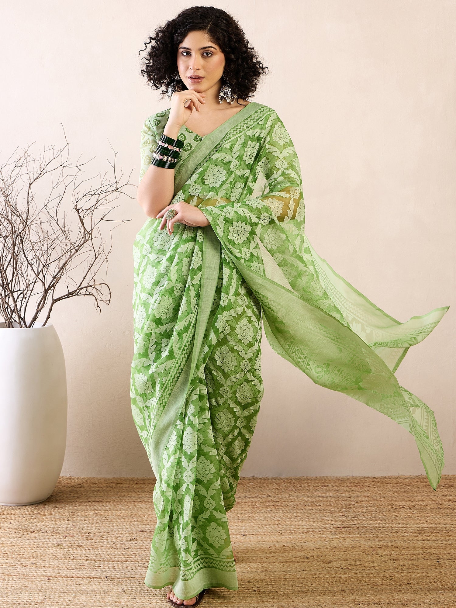 Ready to Wear Pistachio Green Jamdani Brasso Saree - Ressa