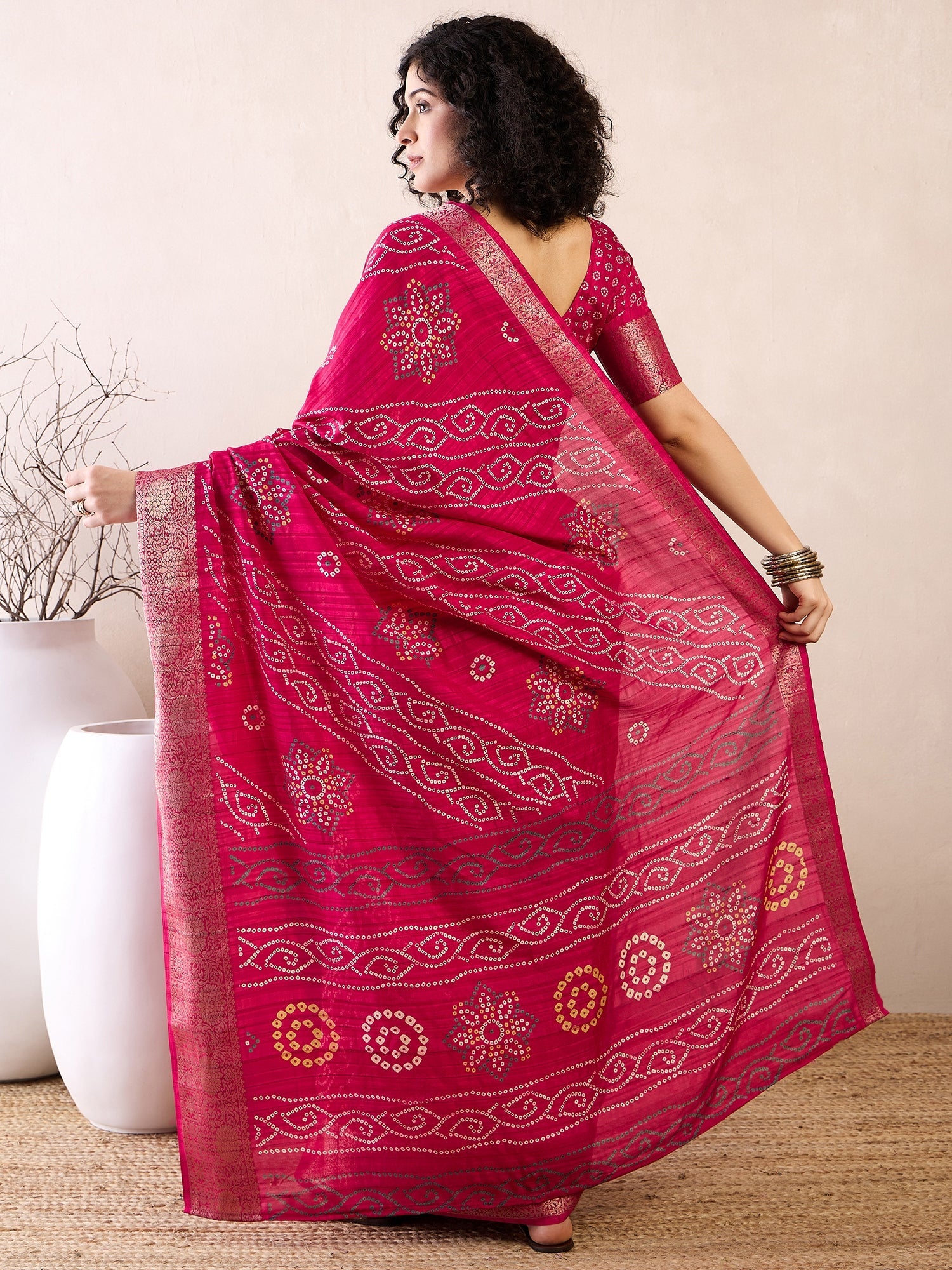 Ready To Wear Rani Pink Bandhani Silk Saree - Ressa