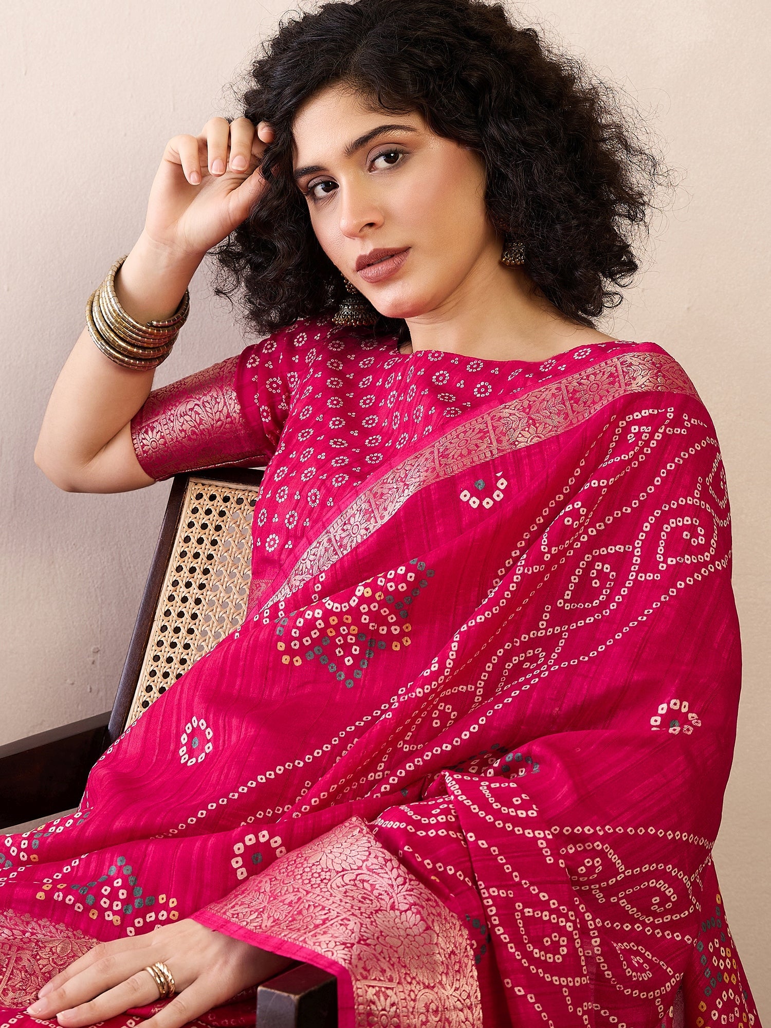 Ready To Wear Rani Pink Bandhani Silk Saree - Ressa