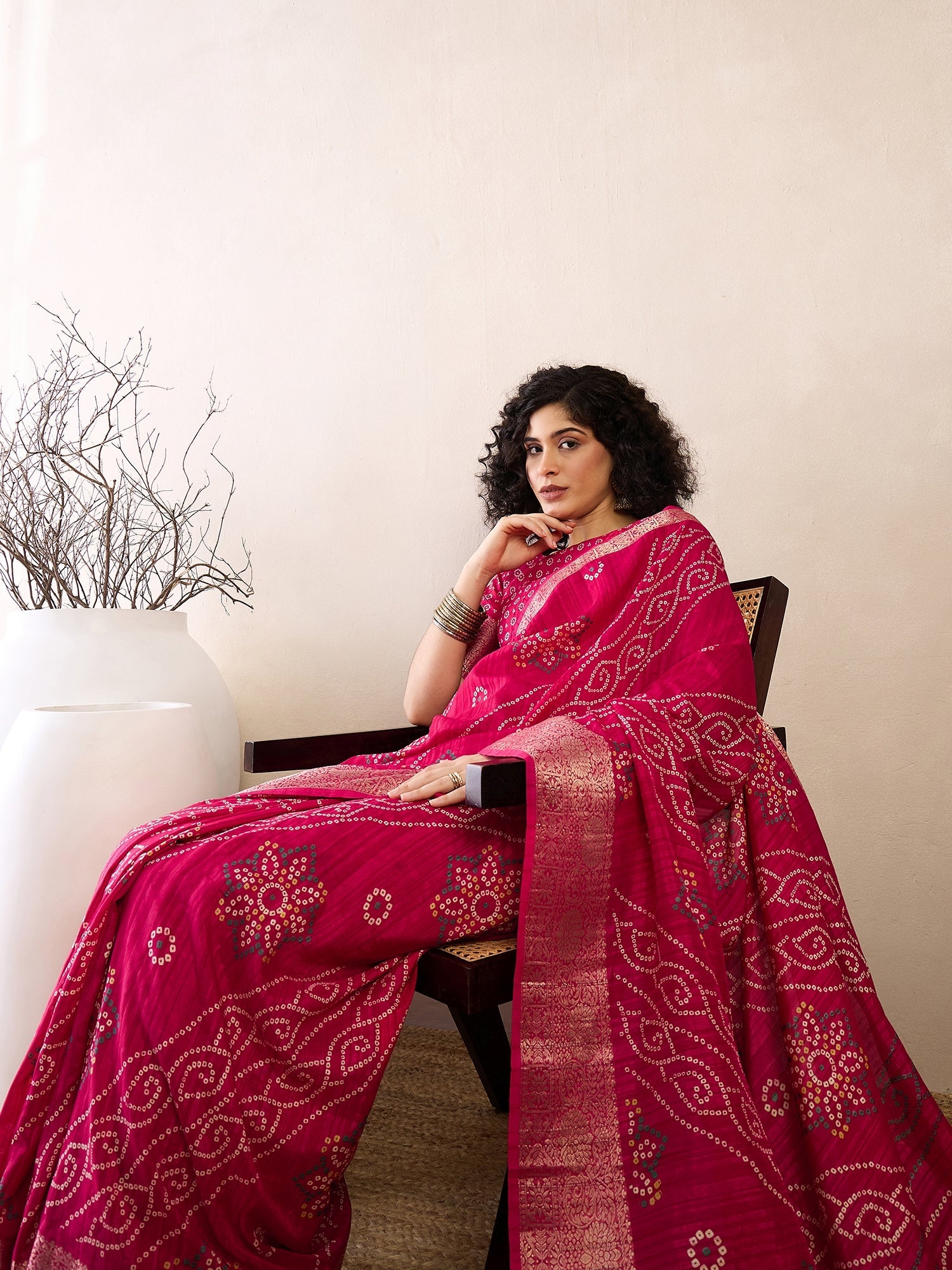 Ready To Wear Rani Pink Bandhani Silk Saree - Ressa