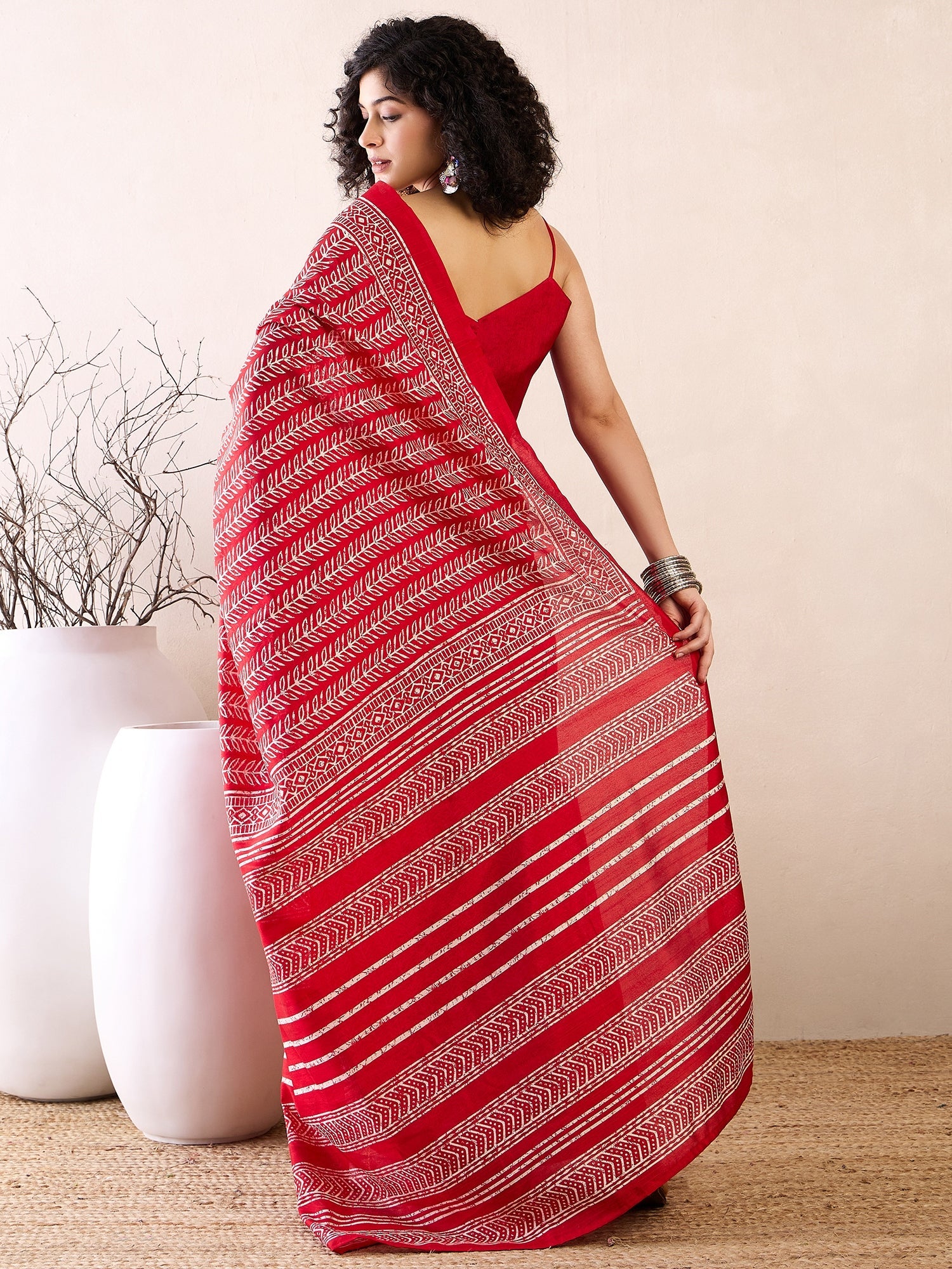 Ready To Wear Red Batik Print Cotton Saree - Ressa