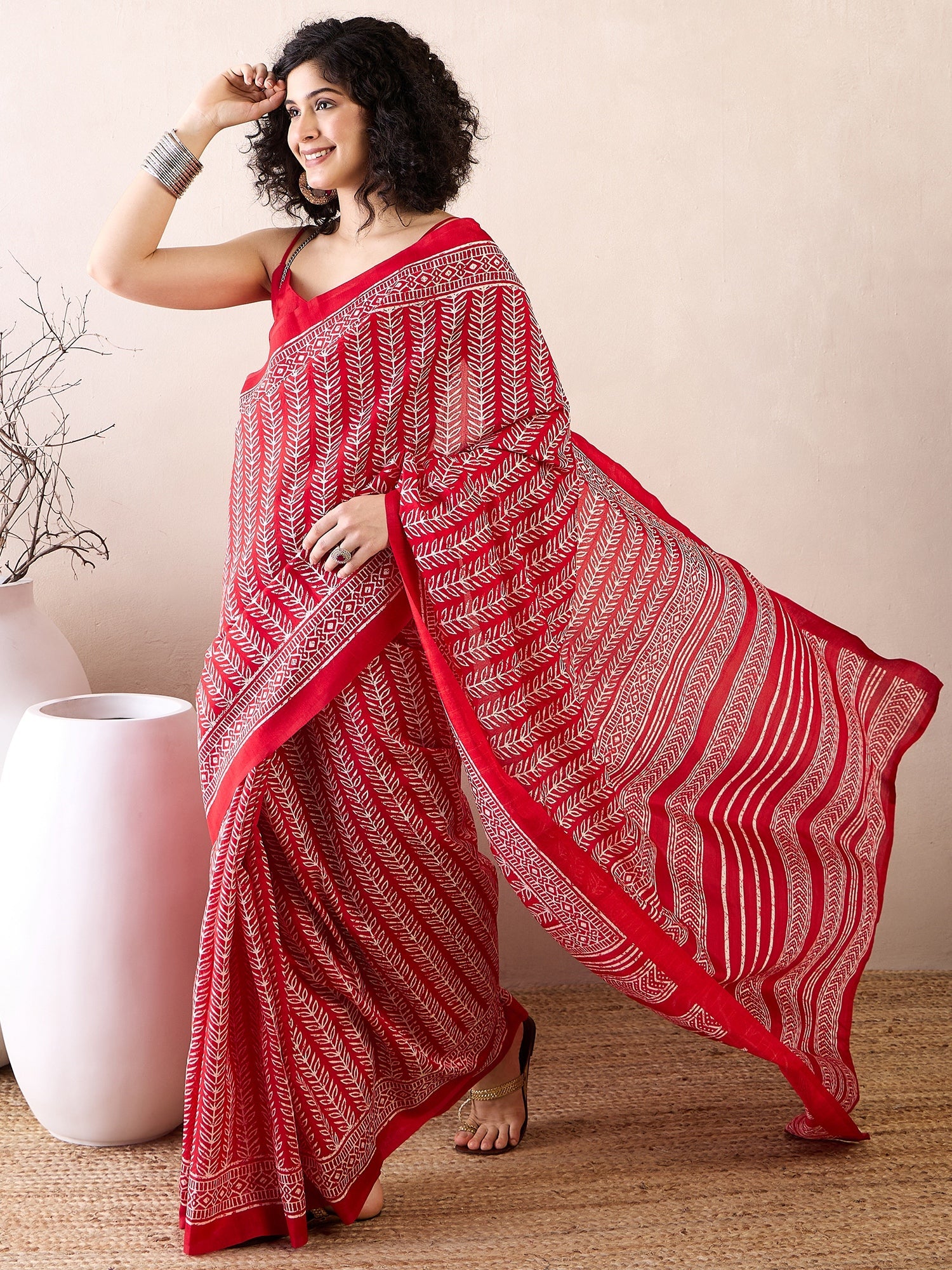 Ready To Wear Red Batik Print Cotton Saree - Ressa