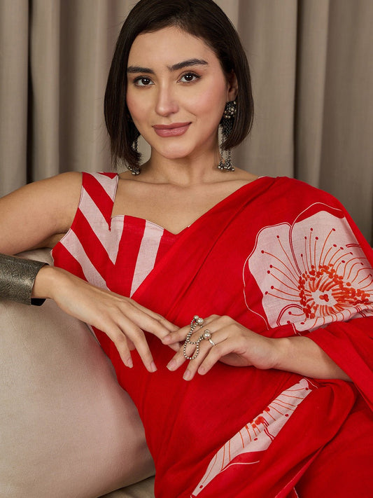 Ready to Wear Red Cotton Floral Printed Saree - Ressa