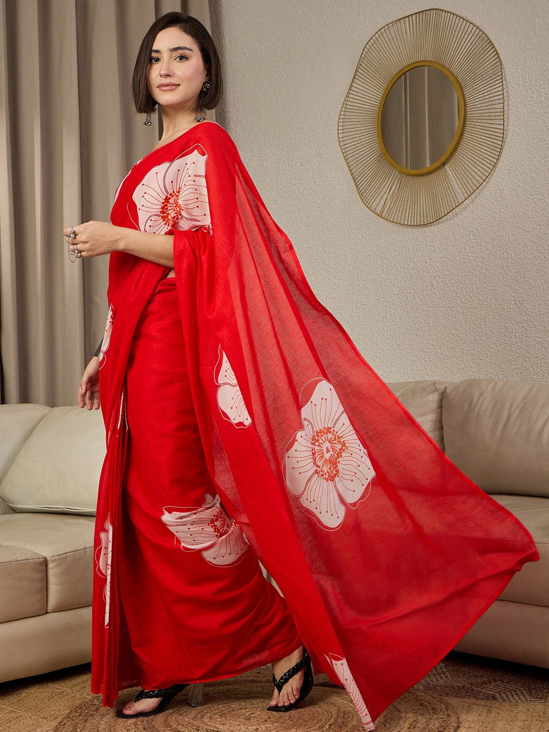 Ready to Wear Red Cotton Floral Printed Saree - Ressa