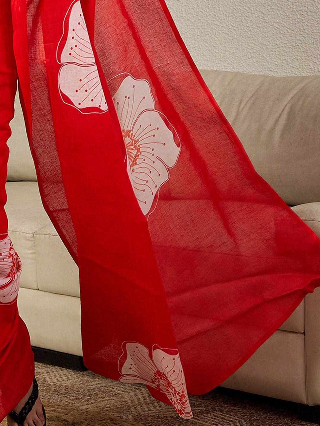 Ready to Wear Red Cotton Floral Printed Saree - Ressa