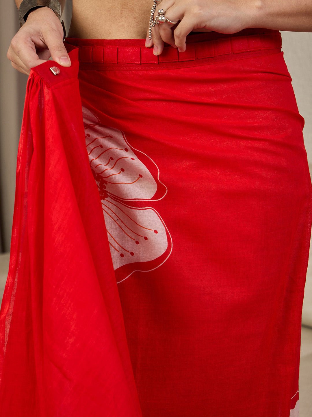 Ready to Wear Red Cotton Floral Printed Saree - Ressa