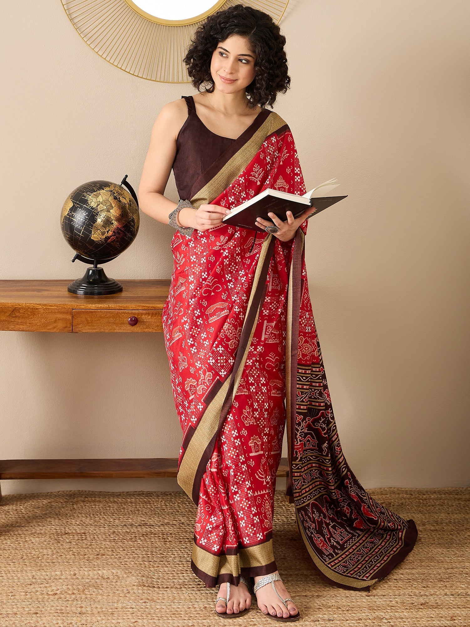 Ready to Wear Red Ikat Bhagalpuri Silk Saree - Ressa