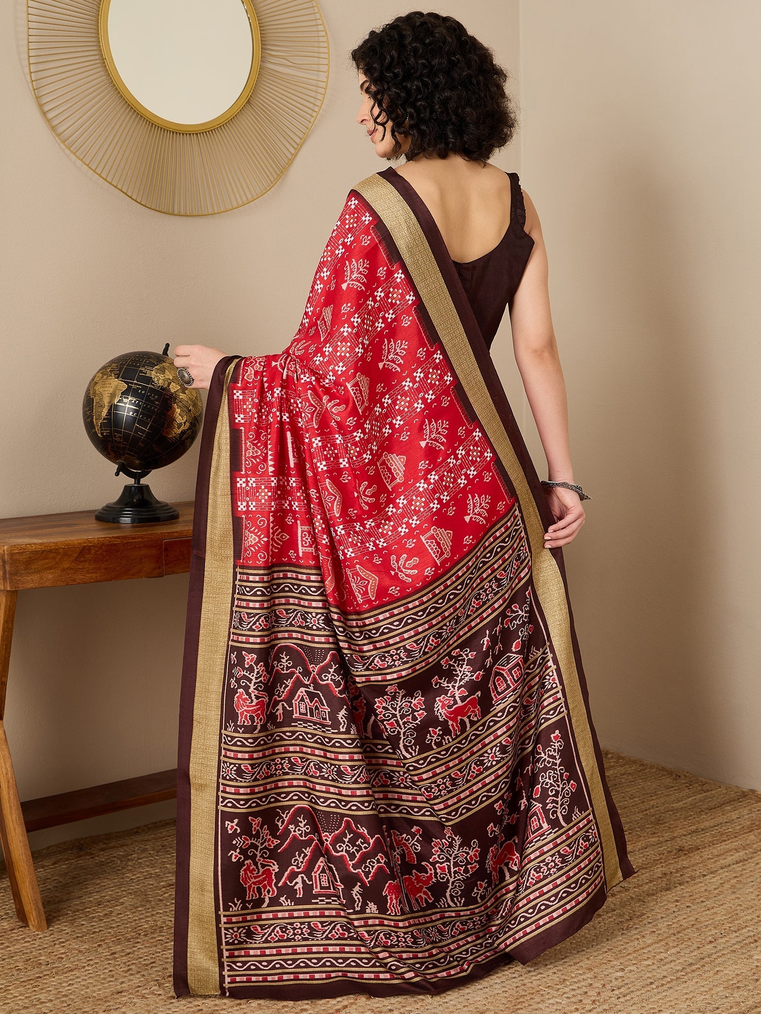 Ready to Wear Red Ikat Bhagalpuri Silk Saree - Ressa