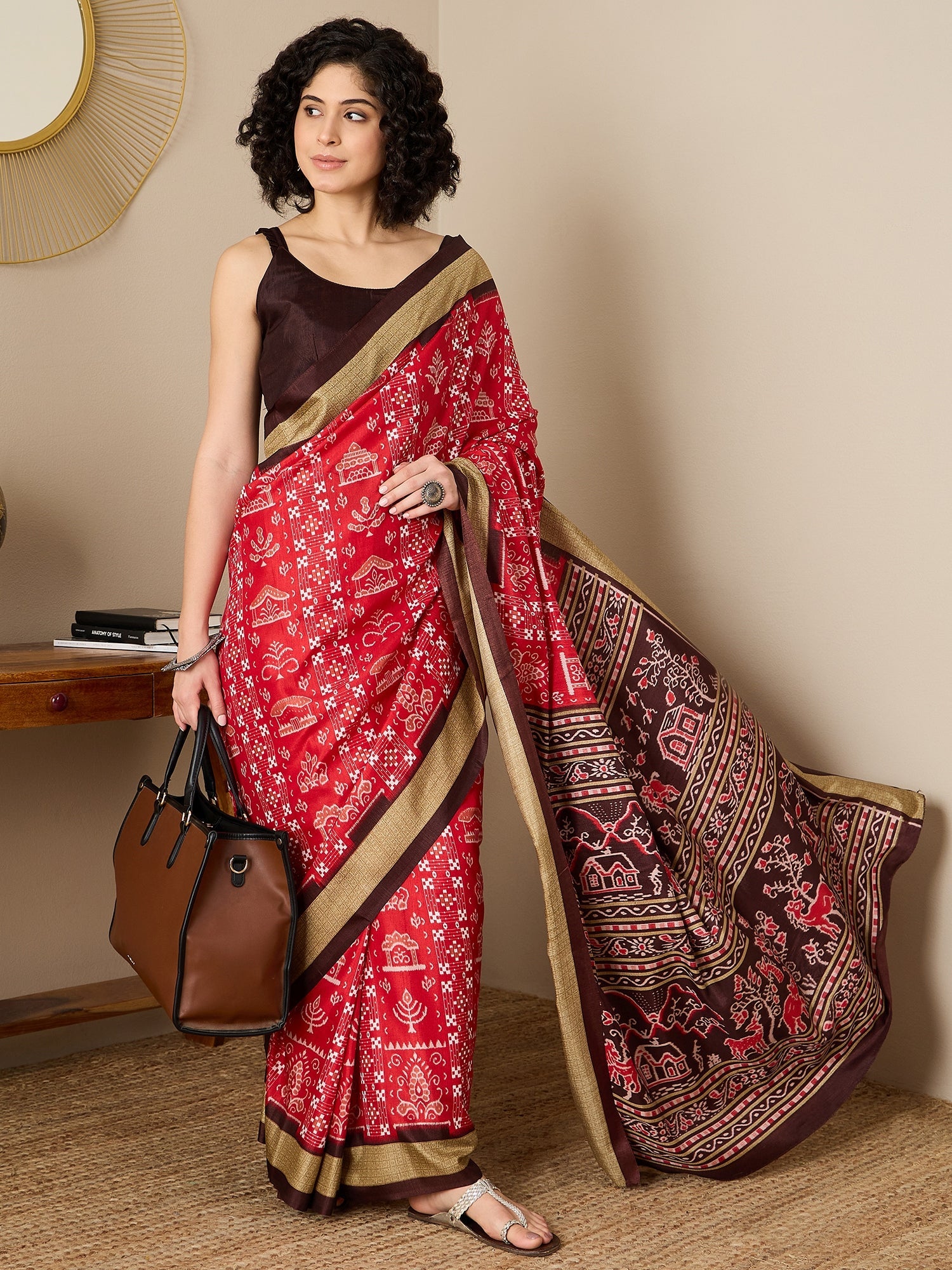 Ready to Wear Red Ikat Bhagalpuri Silk Saree - Ressa