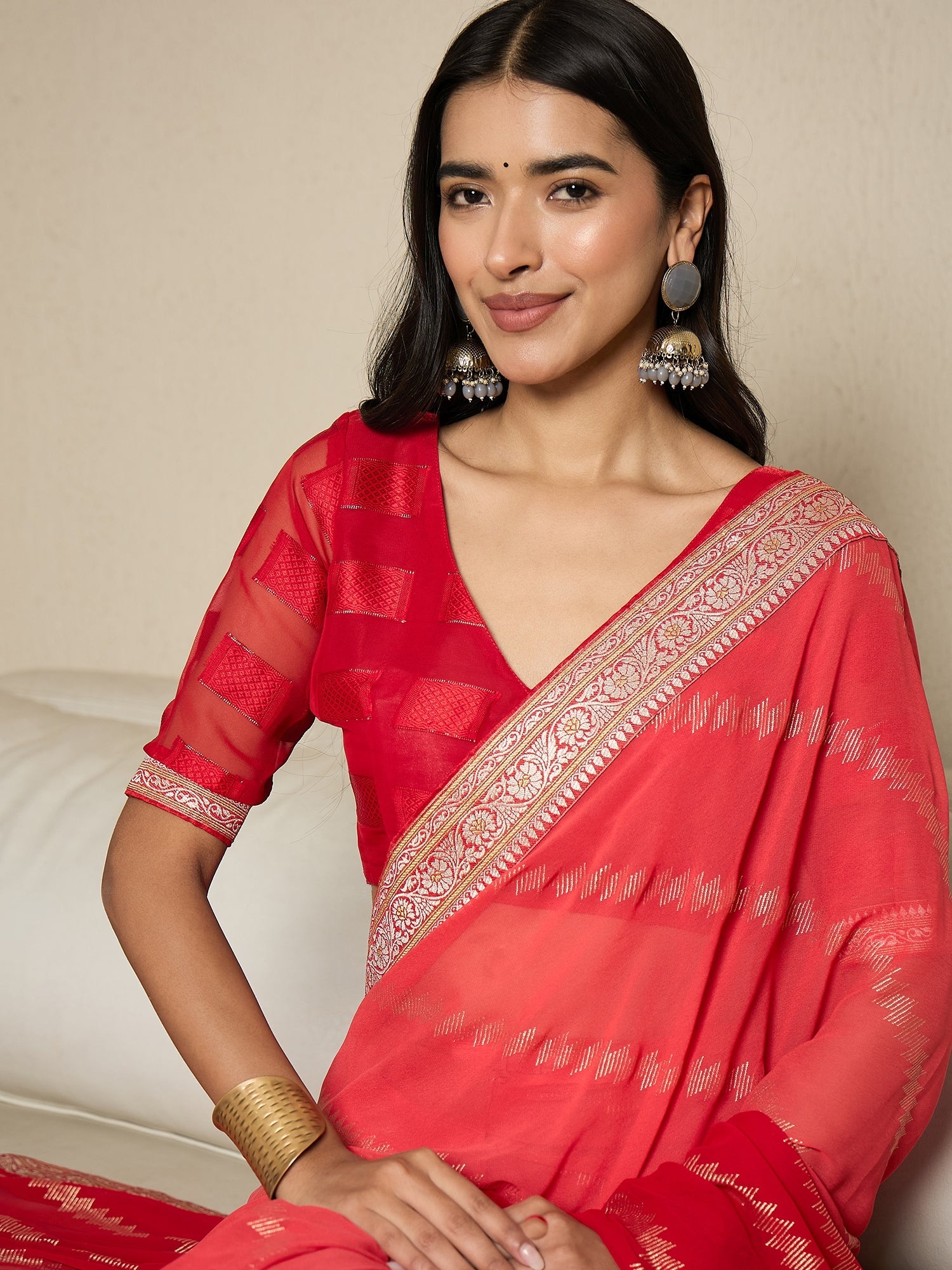 Ready to Wear Red Leheriya Print Chiffon Saree - Ressa