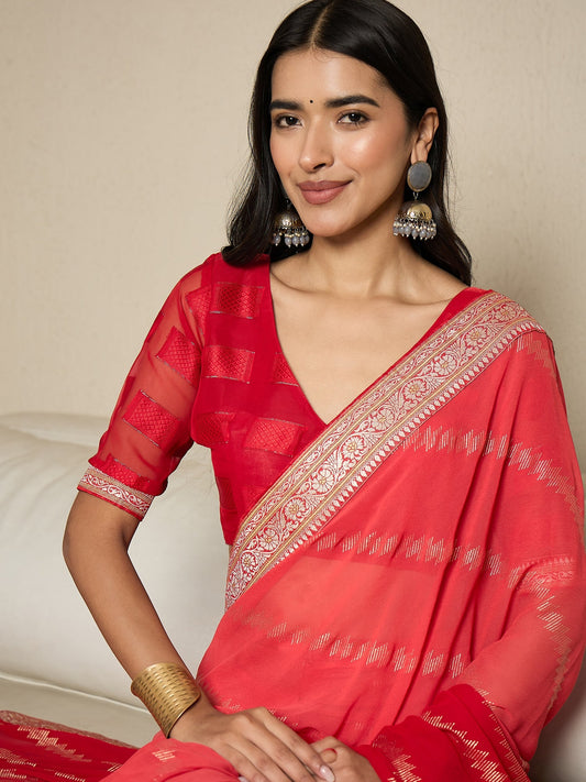 Ready to Wear Red Leheriya Print Chiffon Saree - Ressa