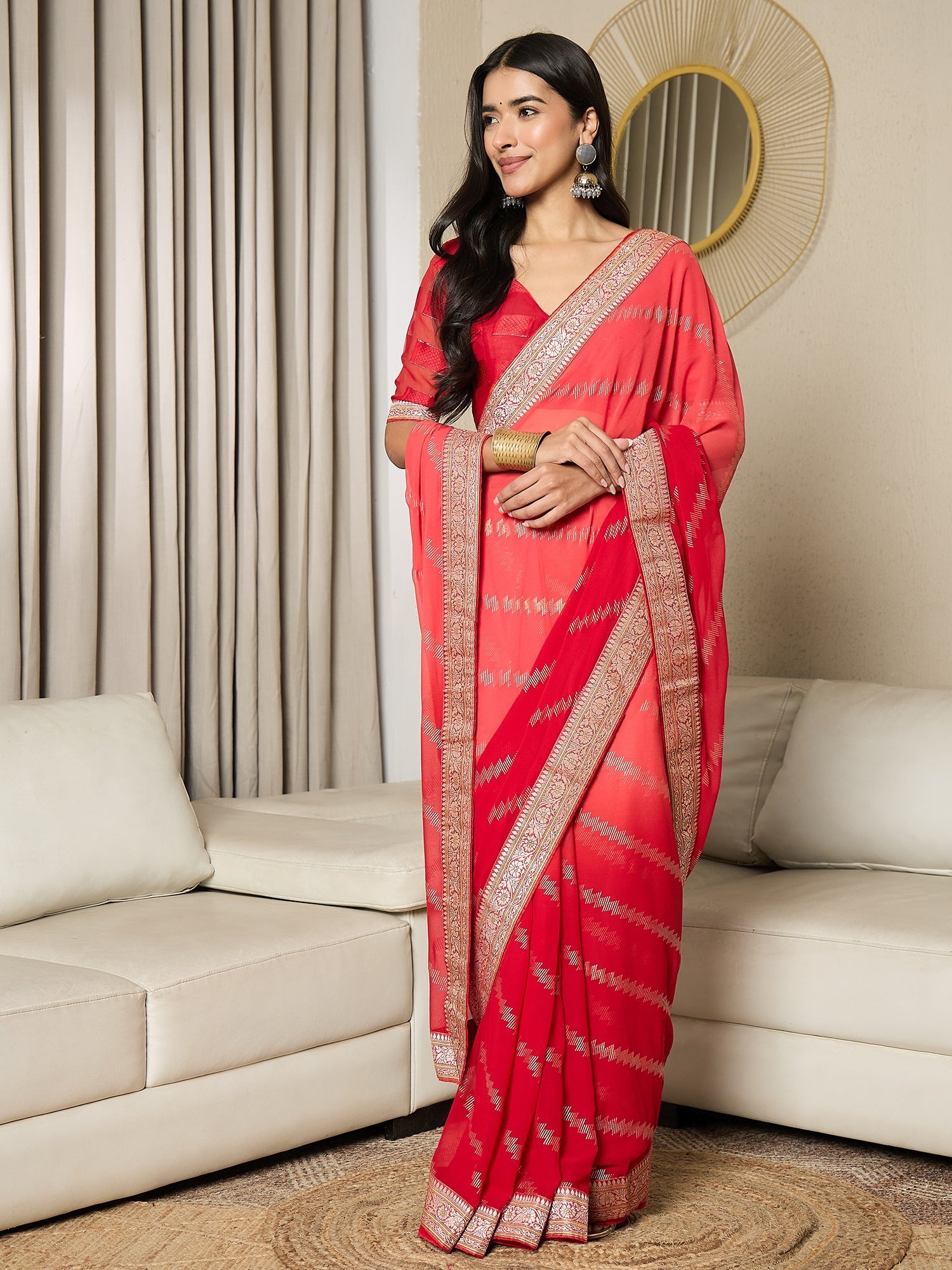 Ready to Wear Red Leheriya Print Chiffon Saree - Ressa