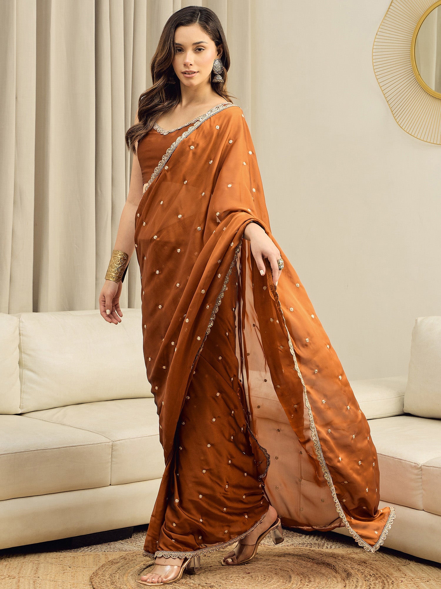 Ready to Wear Rust Georgette with Gold Embroidery Saree - Ressa