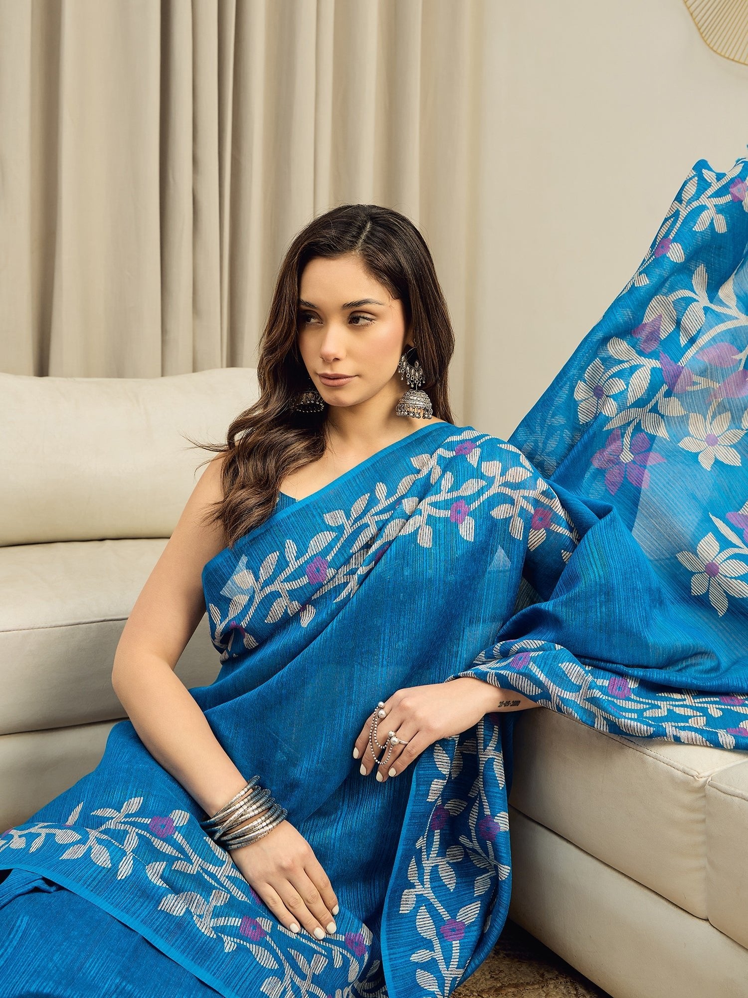 Ready to wear Teal Blue Jamdani Cotton Silk Saree - Ressa