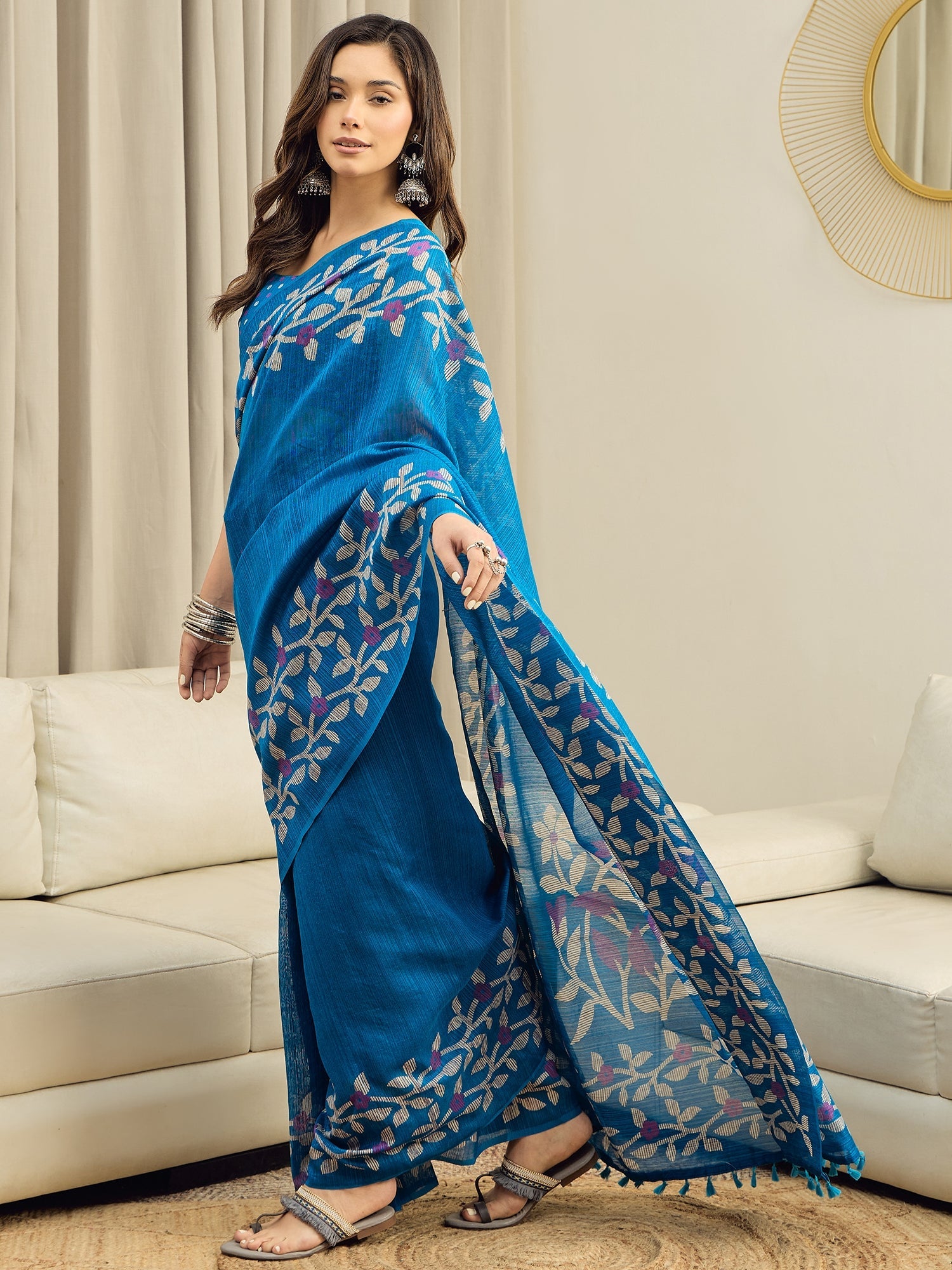 Ready to wear Teal Blue Jamdani Cotton Silk Saree - Ressa