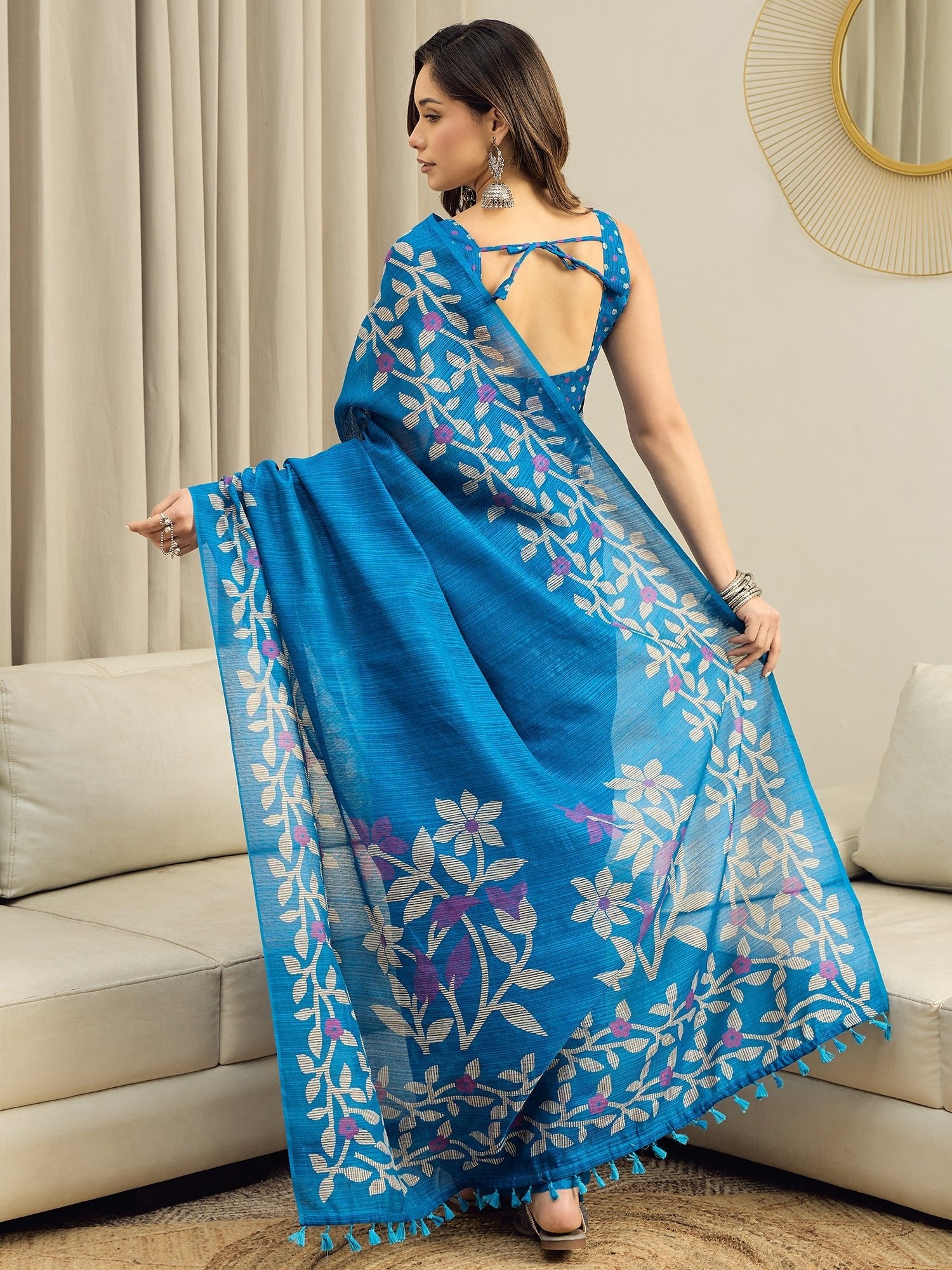 Ready to wear Teal Blue Jamdani Cotton Silk Saree - Ressa