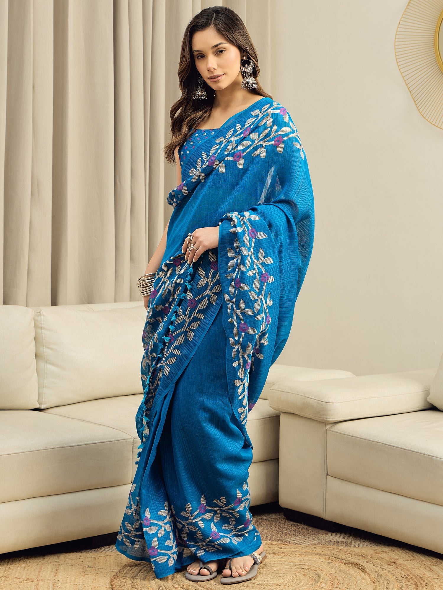 Ready to wear Teal Blue Jamdani Cotton Silk Saree - Ressa