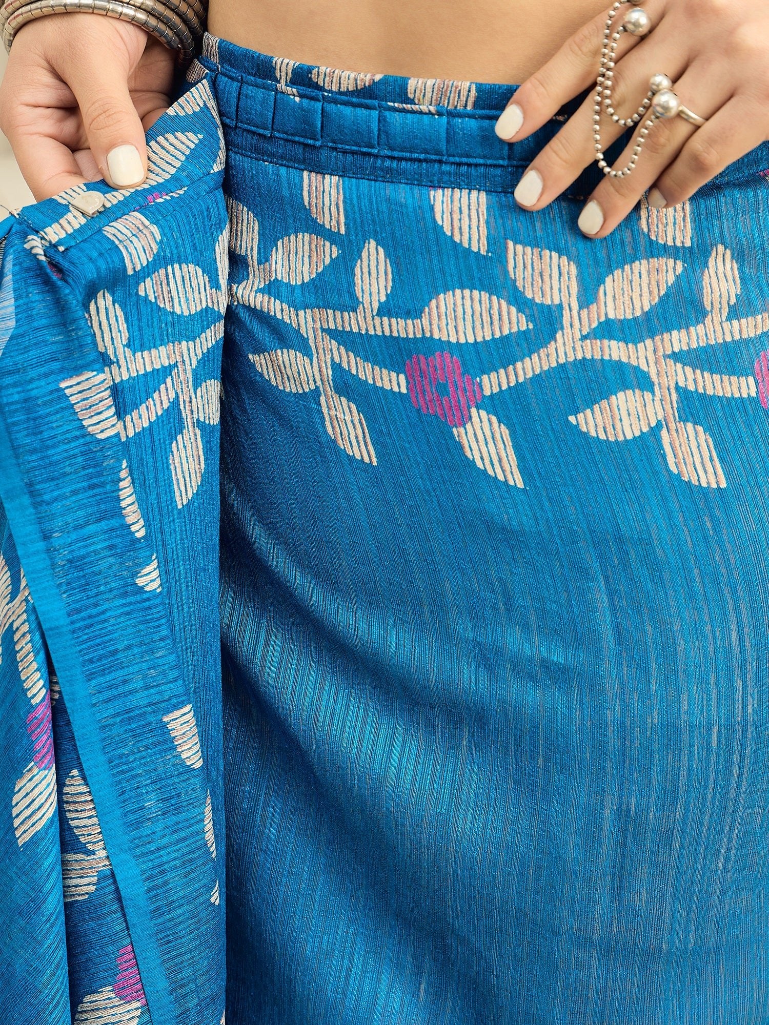 Ready to wear Teal Blue Jamdani Cotton Silk Saree - Ressa